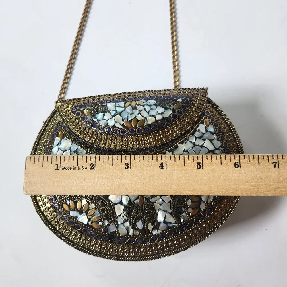 Vintage Handmade Brass Mother of Pearl Mosaic Crossbody Clutch Purse Bohemian